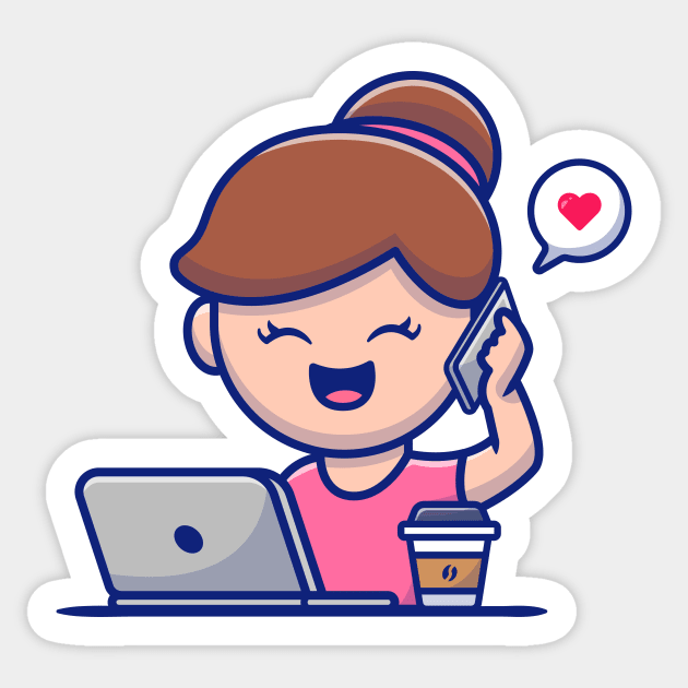 Girl Operating Laptop And Calling By Phone Sticker by Catalyst Labs